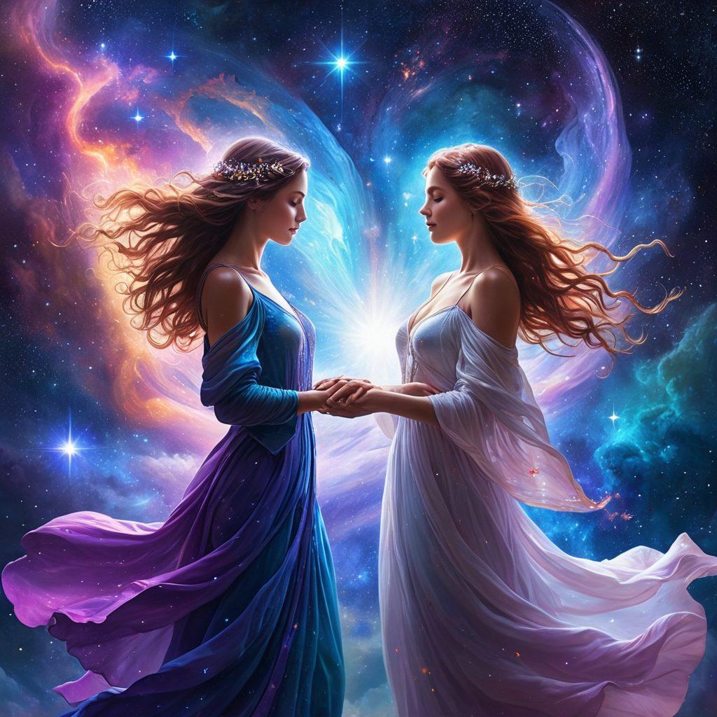 A mesmerizing cosmic scene depicting two ethereal lovers floating in the vast galaxy, their hands almost touching amidst swirling nebulas and twinkling stars. Each lover is adorned in vibrant, flowing attire that resonates with the colors of the universe. The background is a stunning blend of deep blues, purples, and sparkling whites, conveying a sense of unity and spiritual connection across the cosmos. fantasy art. glowing elements. vibrant colors.