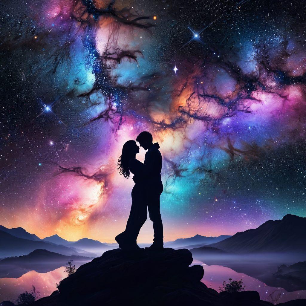 A breathtaking celestial scene featuring two lovers silhouetted against a sprawling galaxy filled with vibrant stars and colorful nebulae. They are entwined in an ethereal embrace, floating amidst cosmic elements like planets and shooting stars, symbolizing love transcending all boundaries. Soft, glowing light surrounds them, creating a dreamlike atmosphere. cosmic fantasy, vibrant colors, super-realistic.