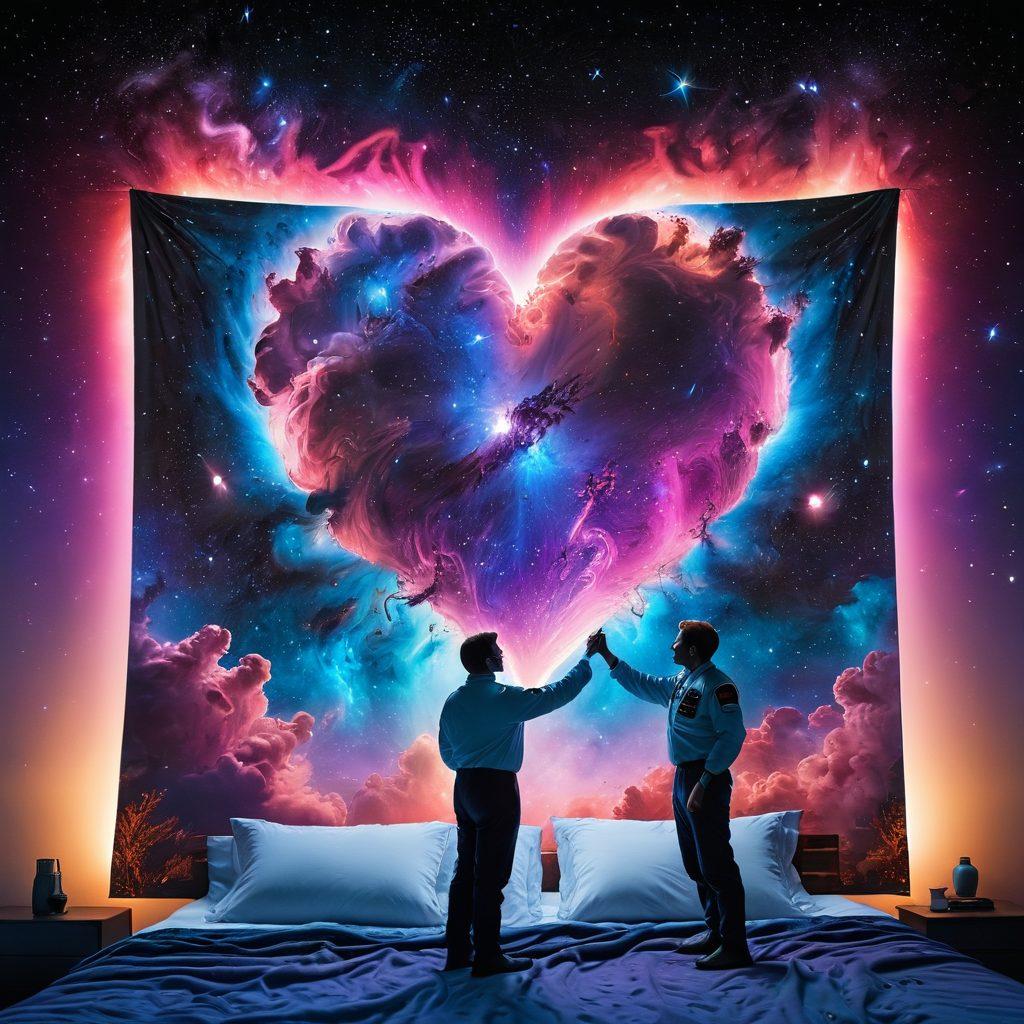A heart-shaped nebula surrounded by twinkling stars, with silhouettes of two astronauts reaching out to each other amidst the vastness of space. Ethereal colors of blue, pink, and purple fill the background, symbolizing a deep emotional connection. Include small planets and comets orbiting around the nebula to enhance the cosmic theme. surreal. vibrant colors. 3D.